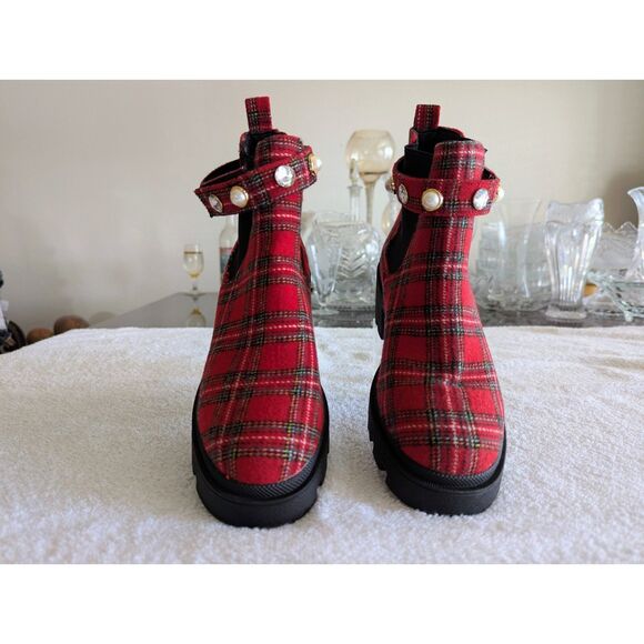 Sugar Favorite 4 plaid combat/ankle rhinestone/pearl strap boot Sz 8M - Picture 7 of 10